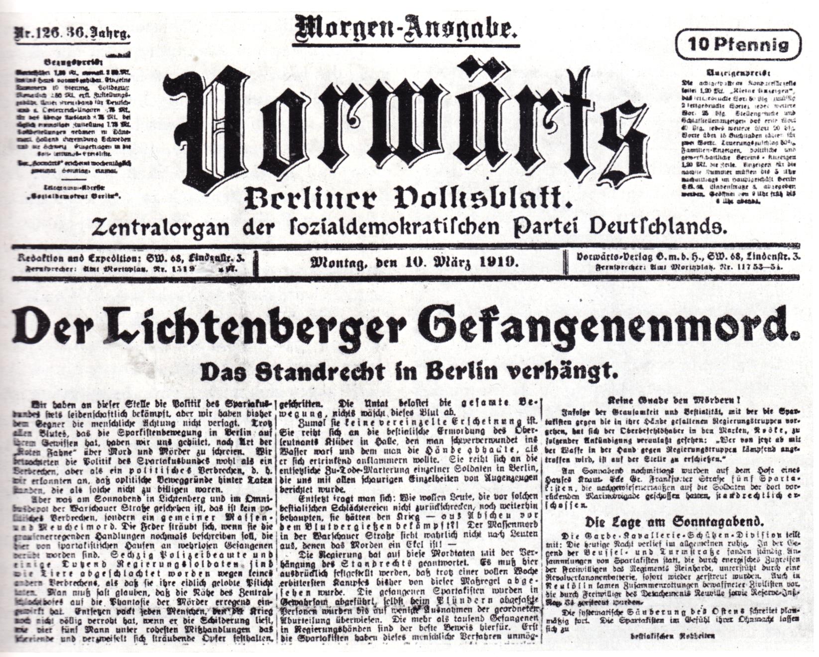 Falschmeldung in SPD-Zeitung: März 1919 Falschmeldung in SPD-Zeitung: März 1919